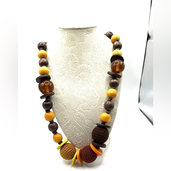 Colorful Wood Beaded Necklace Brown cord with Crochet beads Chunky Big Artisan - Picture 1 of 13